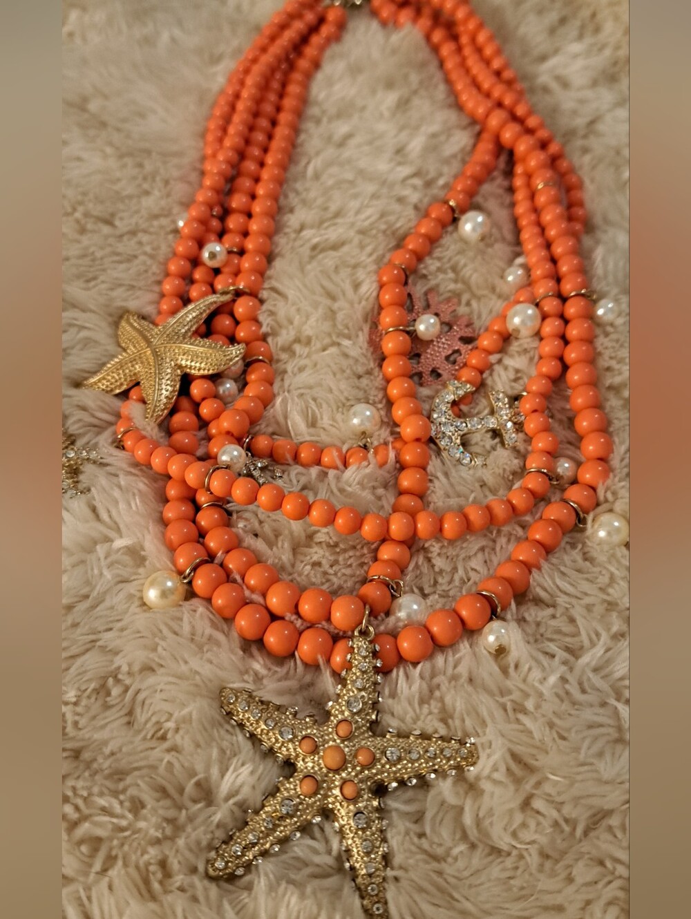Multi-Strand Orange Beaded Starfish Necklace & Bracelet Fashion Jewelry